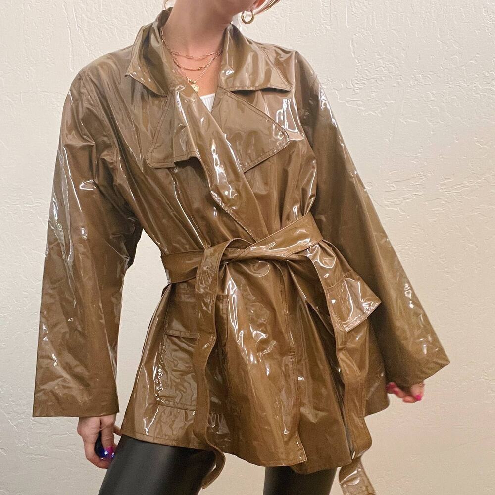 Vintage 1990's Tan Belted Notched Collar Oversized Rain Jacket